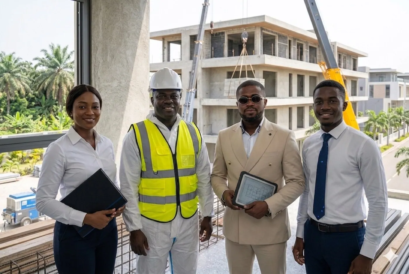 Équipe TMA Holding sur chantier de construction haut de gamme en Côte d'Ivoire